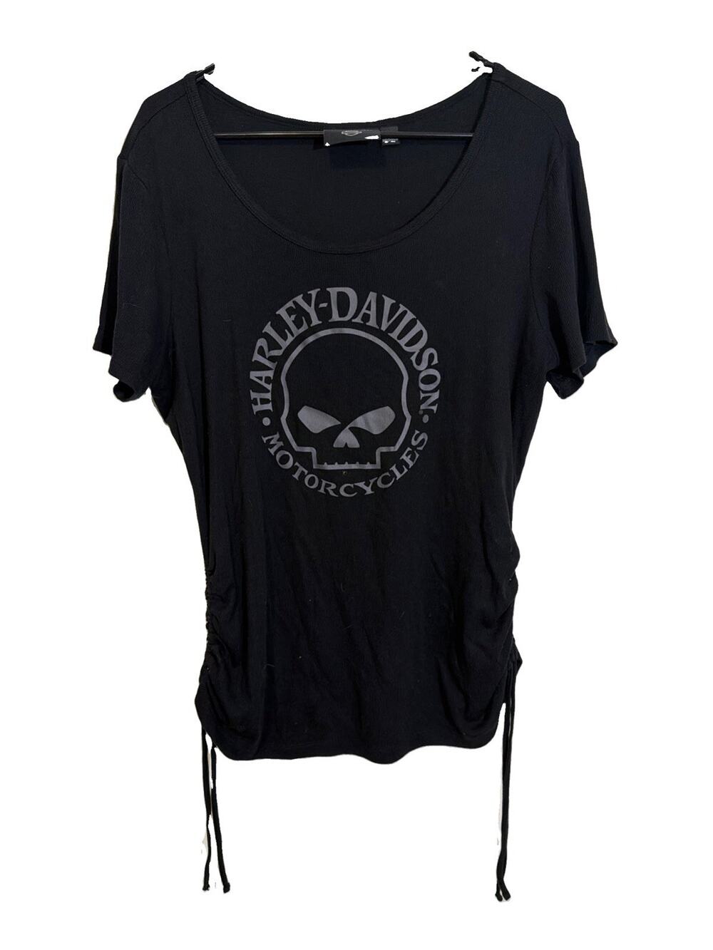Harley Davidson Women's XL Round Neck Short Sleeve Black Skull Tee Ruched Sides